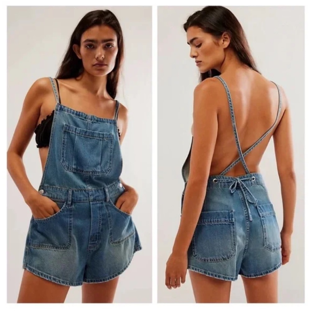We The Free Denim Short Overalls Romper in Blue